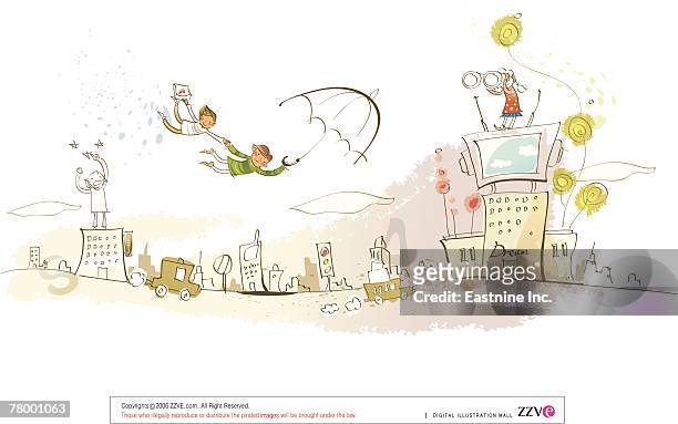 two women flying with an umbrella over a city - landing touching down stock illustrations