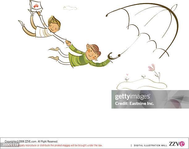 two women holding hands and flying - landing touching down stock illustrations