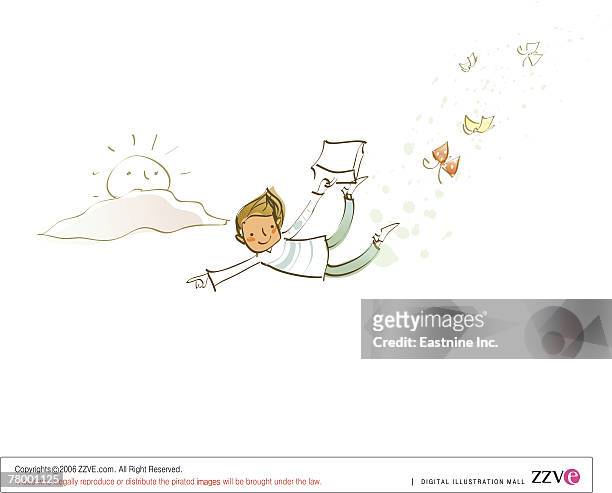 man holding a bag and flying in the sky - landing touching down stock illustrations