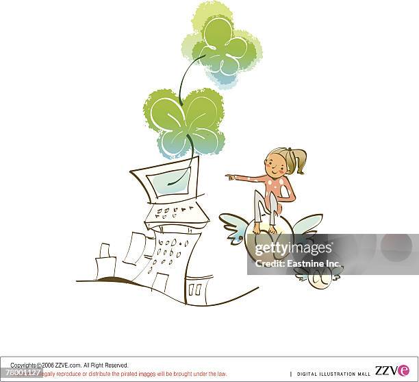 woman pointing towards a laptop - wifi access point building stock illustrations