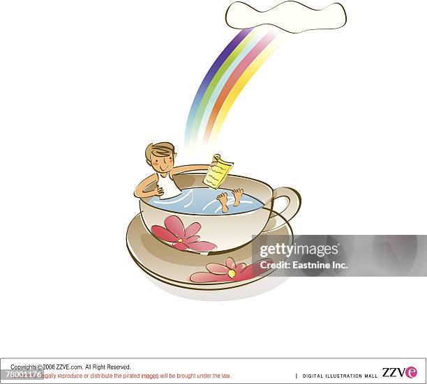 man reclining in a tea cup and holding a newspaper - rainbow hair stock illustrations