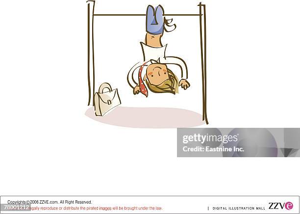 schoolboy hanging upside down on a gymnastics bar - children gymnastics stock illustrations