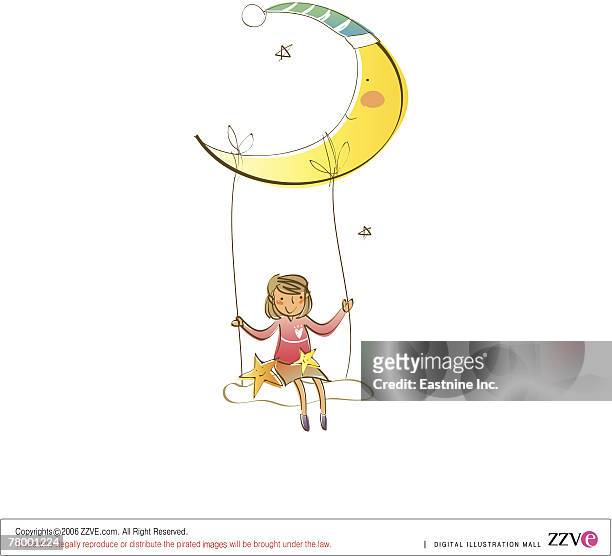 illustrations, cliparts, dessins animés et icônes de girl swinging on a rope swing hanging from crescent moon - girl swing vector