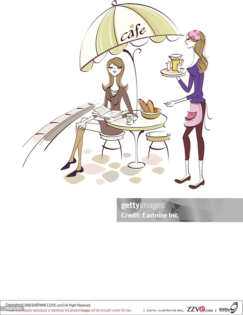 Side profile of a waitress serving food to a woman