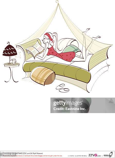 side profile of a woman lying on the bed and reading a book - horizontal blinds stock illustrations