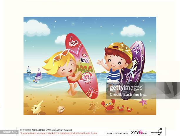 boy and a girl holding surfboards on the beach - サングラス　子どものみ点のイラスト素材／クリップアート素材／マンガ素材／アイコン素材