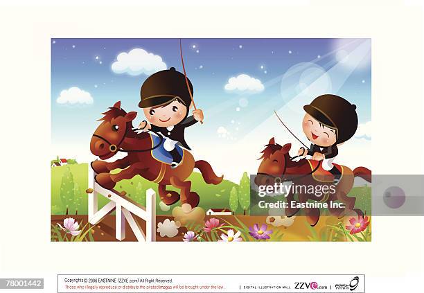 two jockeys with their horses jumping over a hurdle - racing silks stock illustrations