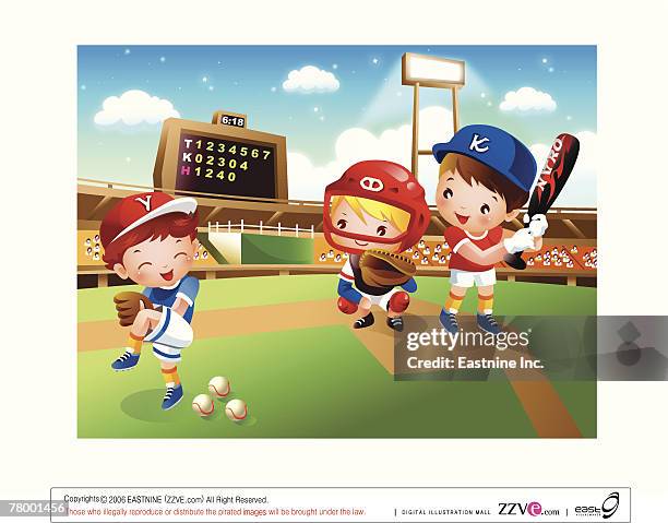 three baseball players playing baseball - baseball field background stock illustrations