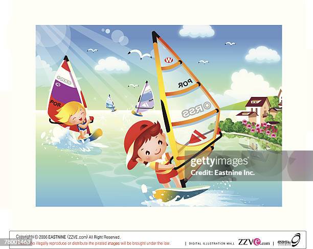 two boys windsurfing in the sea - windsurfbrett stock-grafiken, -clipart, -cartoons und -symbole