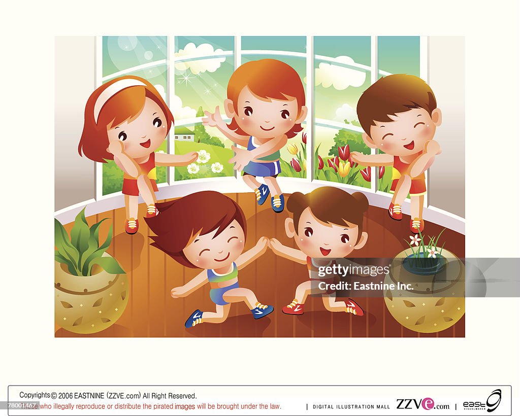 High angle view of two boys and three girls dancing