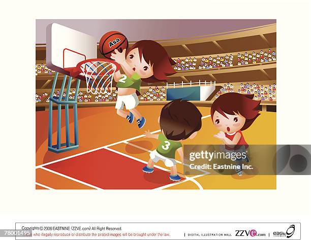 two girls and a boy playing basketball in the stadium - basketball uniform stock illustrations