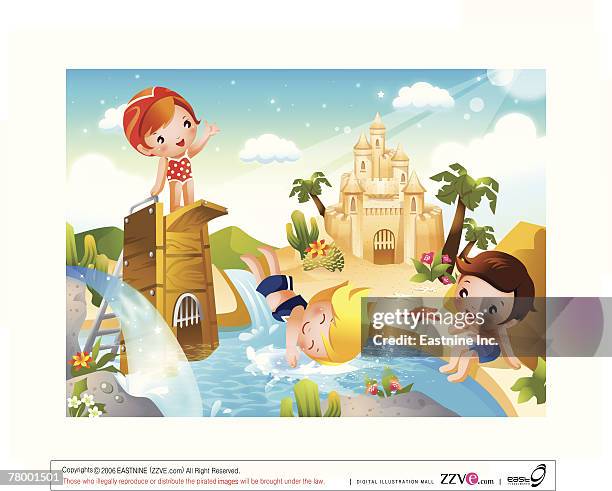 boy sitting at the poolside with two girls jumping in a swimming pool - boy bath stock illustrations