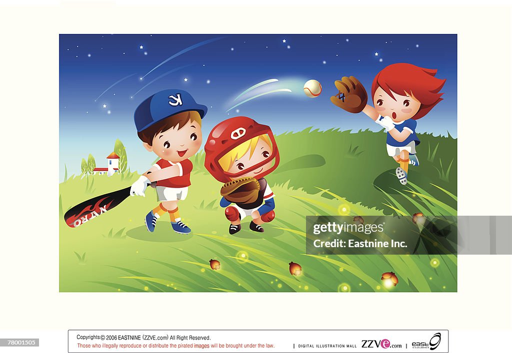 Three baseball players playing baseball