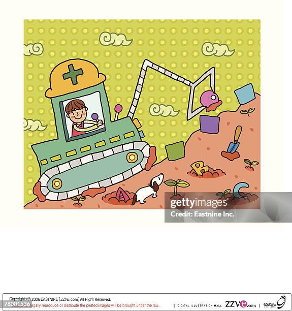 boy driving a bulldozer - young construction worker stock illustrations
