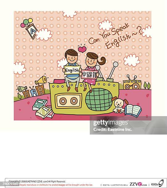 stockillustraties, clipart, cartoons en iconen met boy and a girl sitting on a cassette player and holding signboards - personal cassette player