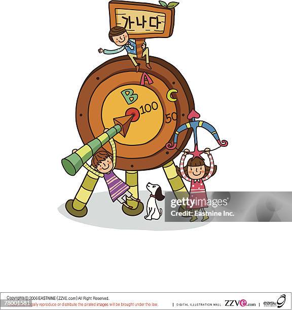 boy with two girls playing near a dartboard - 3 darts on white stock-grafiken, -clipart, -cartoons und -symbole