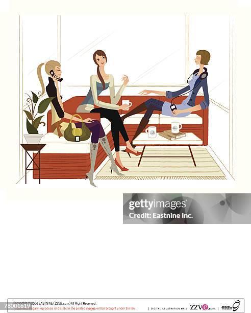 ilustraciones, imágenes clip art, dibujos animados e iconos de stock de three women sitting on a couch - melena mediana