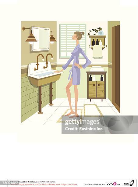 illustrations, cliparts, dessins animés et icônes de side profile of a woman standing with her hand on her hip in the bathroom - carrelage salle de bain