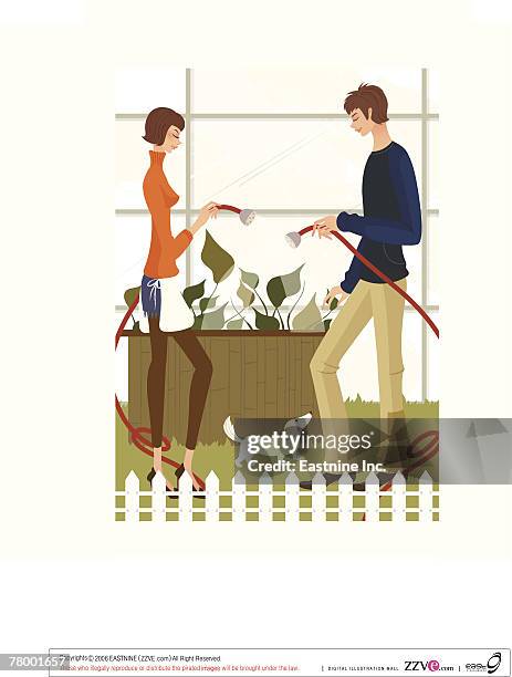 ilustraciones, imágenes clip art, dibujos animados e iconos de stock de side profile of a man and a woman spraying water on plants - melena mediana