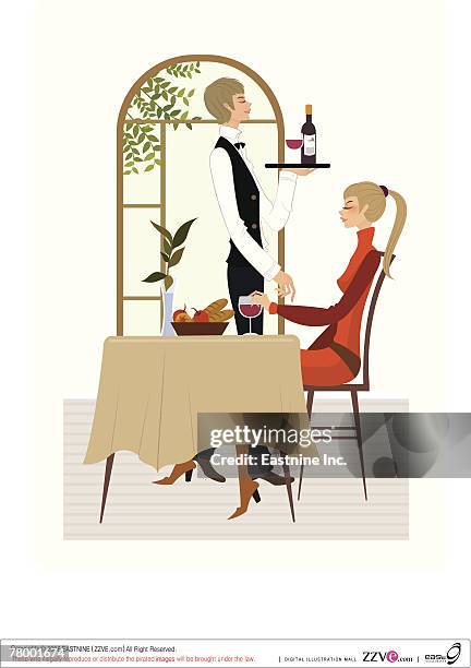 side profile of a waiter serving wine to a woman in a restaurant - fruit bowl stock illustrations