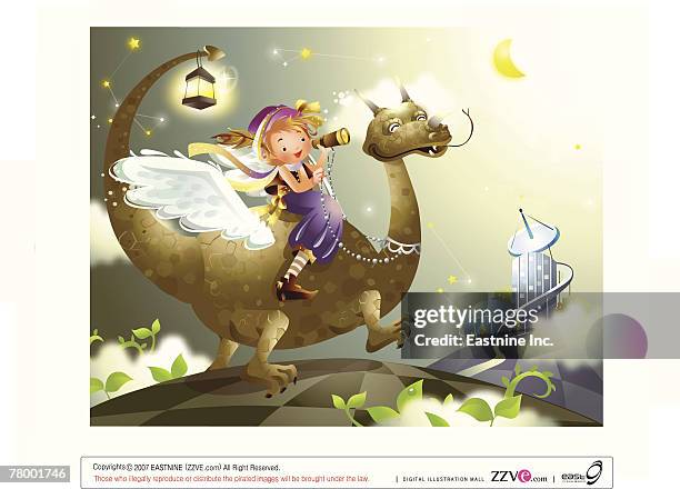 ilustraciones, imágenes clip art, dibujos animados e iconos de stock de side profile of a girl riding a dinosaur - ilusión