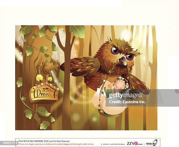 close-up of an owl carrying a girl - landing touching down stock illustrations