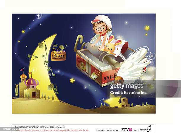 girl flying on a box with a rabbit - moving boxes outside stock illustrations