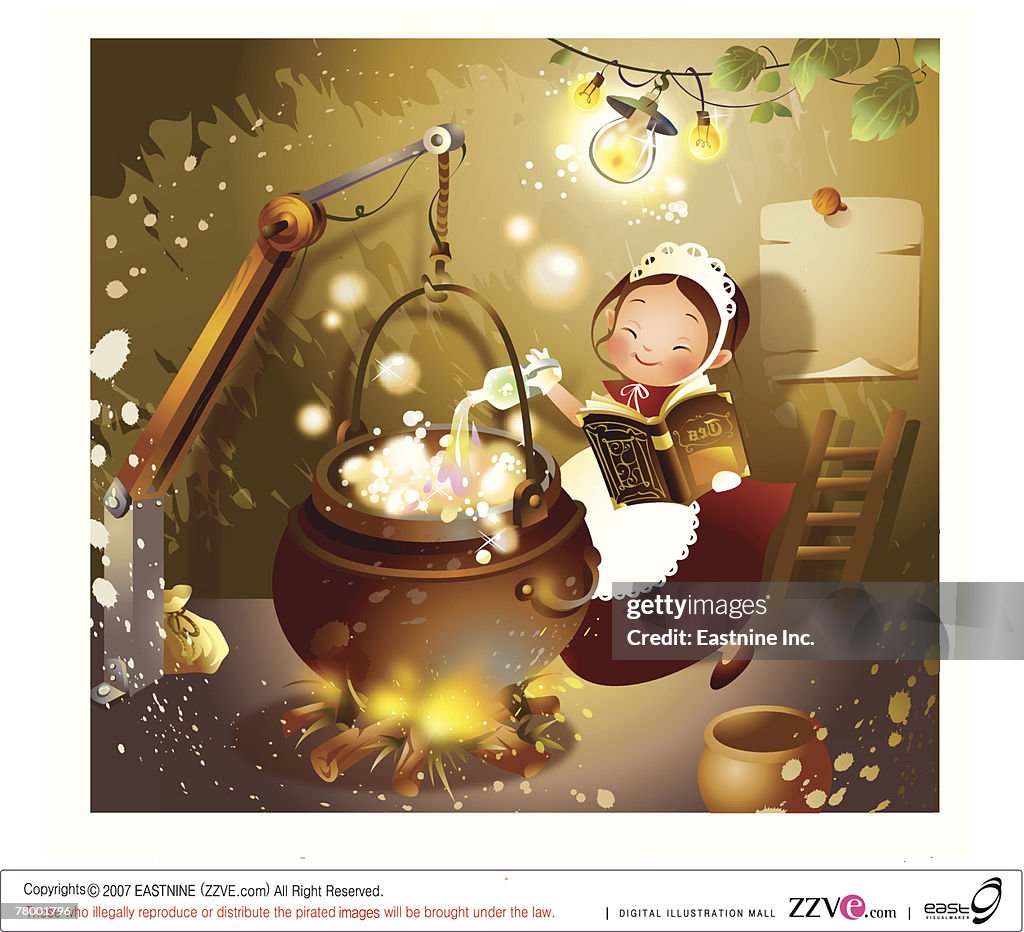 Girl holding a book and cooking food