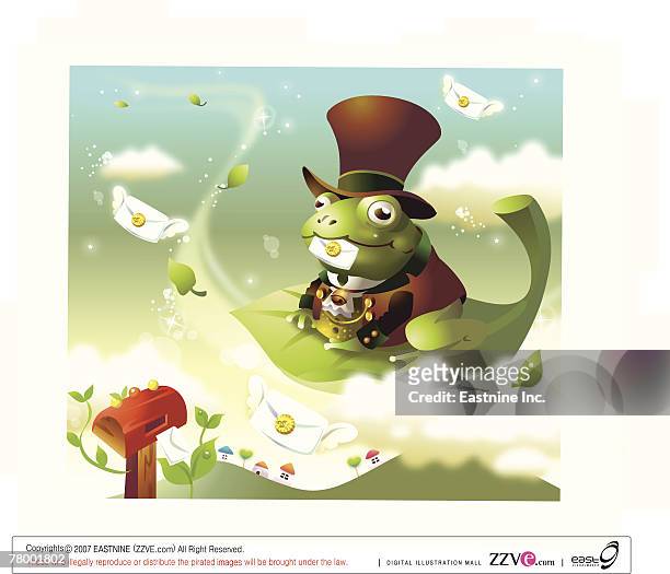 frog sitting on a leaf and holding a letter in its mouth - landing touching down stock illustrations