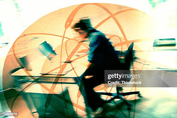 woman at desk with surrounding composite globe - surrounding stock pictures, royalty-free photos & images