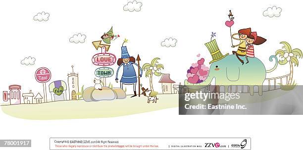 couple riding an elephant with a man standing and holding a spear - top hat side stock illustrations