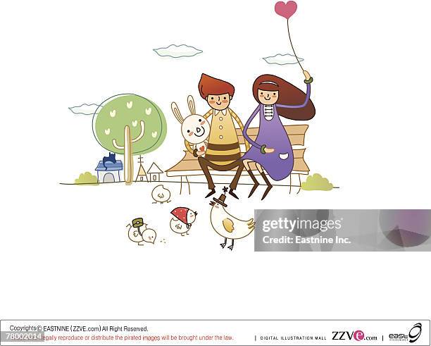 couple sitting on a bench with a rabbit - rabbit hat stock illustrations