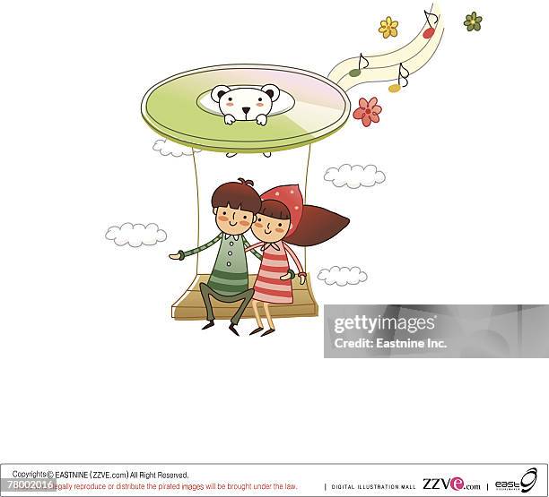 couple sitting on a swing - tire swing stock illustrations