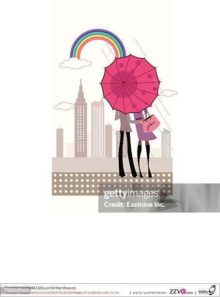 rear view of a couple standing under an umbrella - romantic couple back stock illustrations