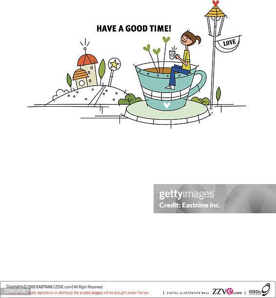 side profile of a woman sitting on a tea cup and holding a cup - sidewalk side view background stock illustrations