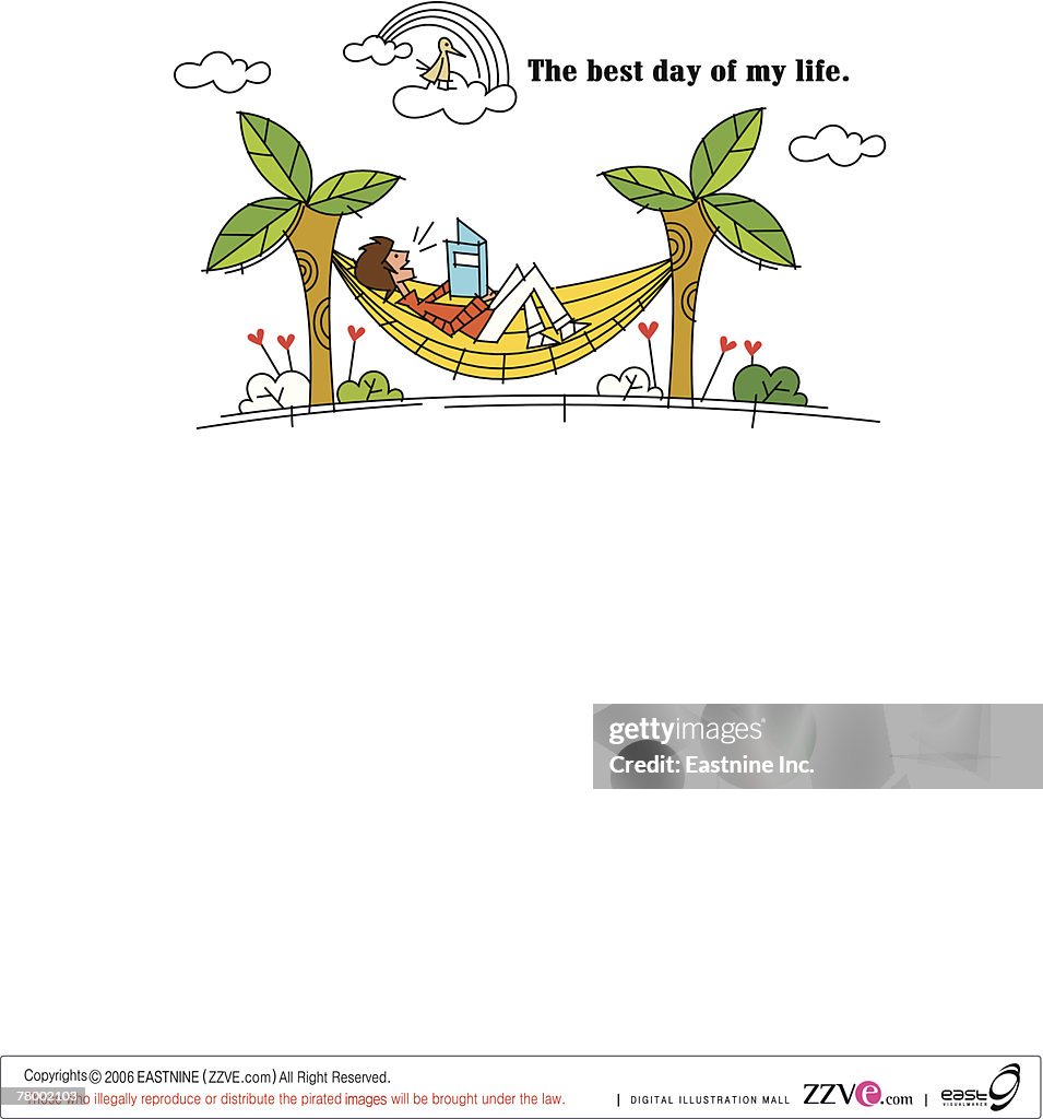 Side profile of a man lying in a hammock and reading a book