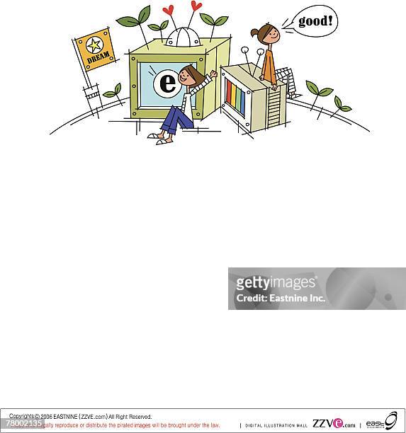 man sitting in front of a television and smiling - fernsehantenne stock-grafiken, -clipart, -cartoons und -symbole