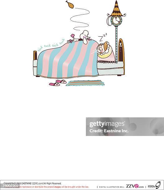 woman sleeping on the bed with her dog - dog lying on back stock illustrations