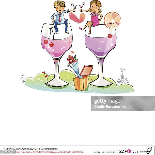 couple sitting on stem glasses and toasting with cocktails - brunette girlfriend stock illustrations