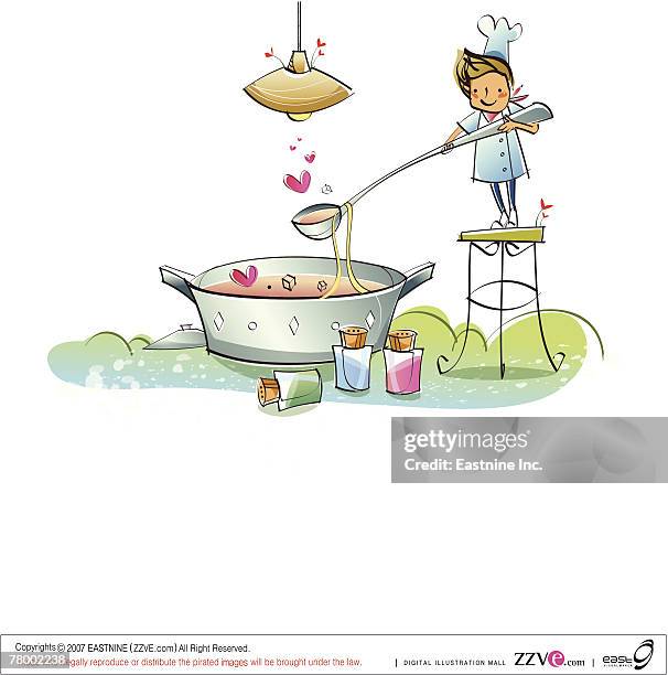chef cooking noodles - making heart shape stock illustrations
