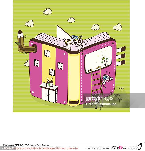close-up of a book shaped buildings - window ajar stock illustrations