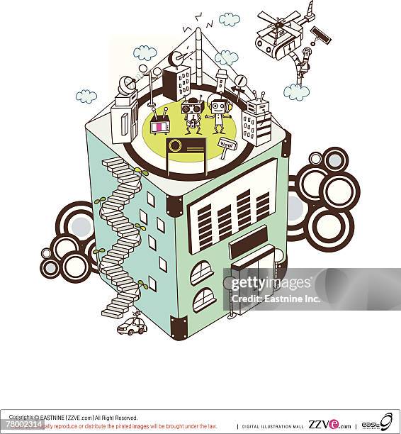 ilustraciones, imágenes clip art, dibujos animados e iconos de stock de high angle view of two robots dancing on the roof of a building - roofing-clip-art