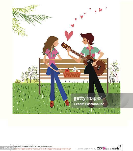 stockillustraties, clipart, cartoons en iconen met man playing the guitar with a woman beside her - romantische activiteit