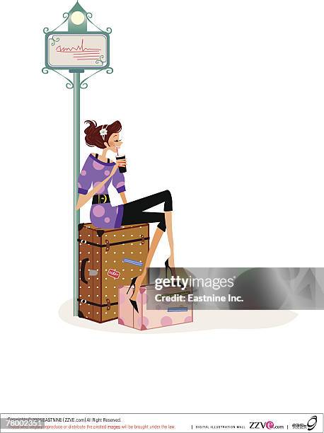 side profile of a woman sitting at a bus stop and drinking a cola - bus stop stock illustrations