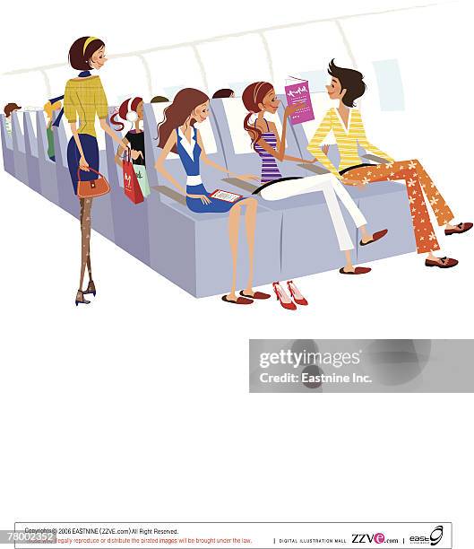 group of people traveling in an airplane - model airplane stock illustrations