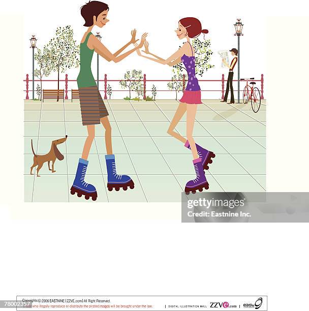 side profile of a couple inline skating on a sidewalk - sidewalk side view background stock illustrations