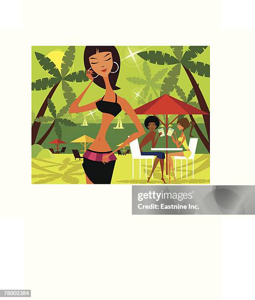 stockillustraties, clipart, cartoons en iconen met woman standing on the beach with a couple drinking juice under a sunshade - drinking water glass woman