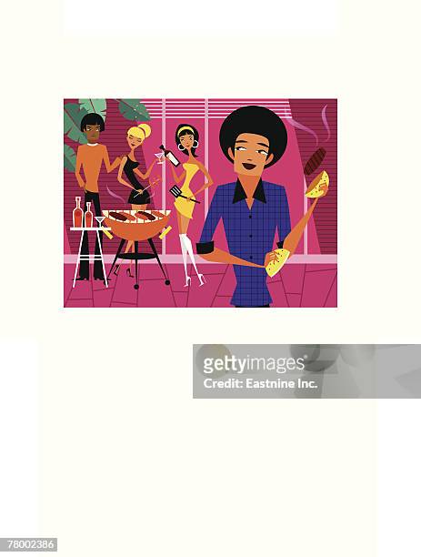 two couples standing near a barbecue grill - barbeque party woman stock illustrations