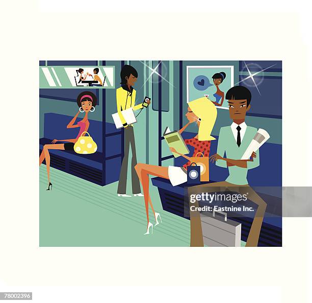 four people traveling in a subway train - long subway ad stock illustrations