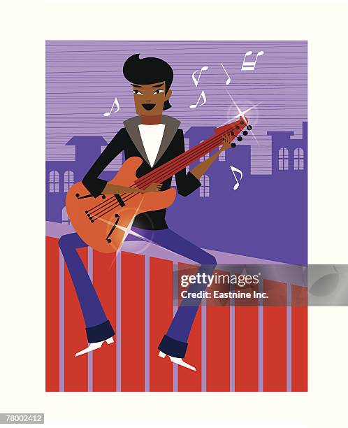 man sitting on a wall and playing the guitar - skill building stock illustrations